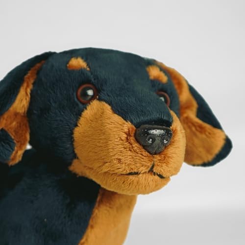 Close-up of a plush dog toy with black and brown fur on a white background