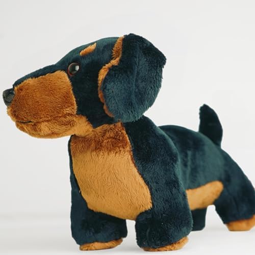 Plush toy dachshund dog on a white background side angle