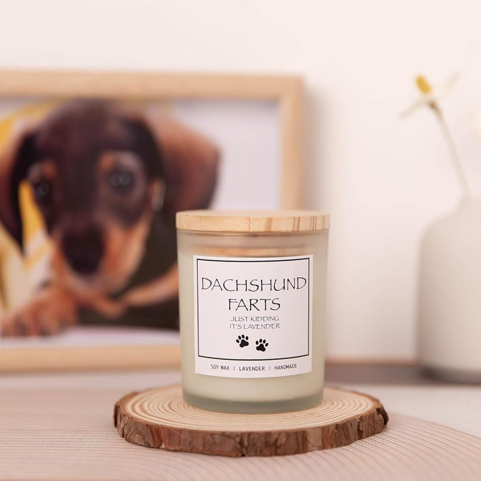 Candle labeled 'Dachshund Farts' on a wooden coaster with a framed picture of a dachshund in the background.