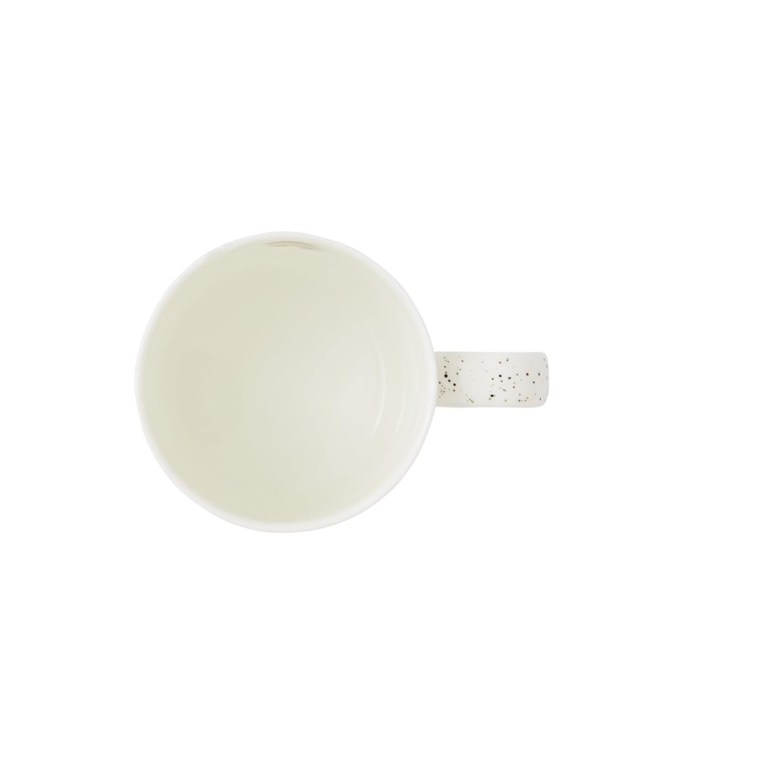 White ceramic mug with speckled handle on a white background view from above