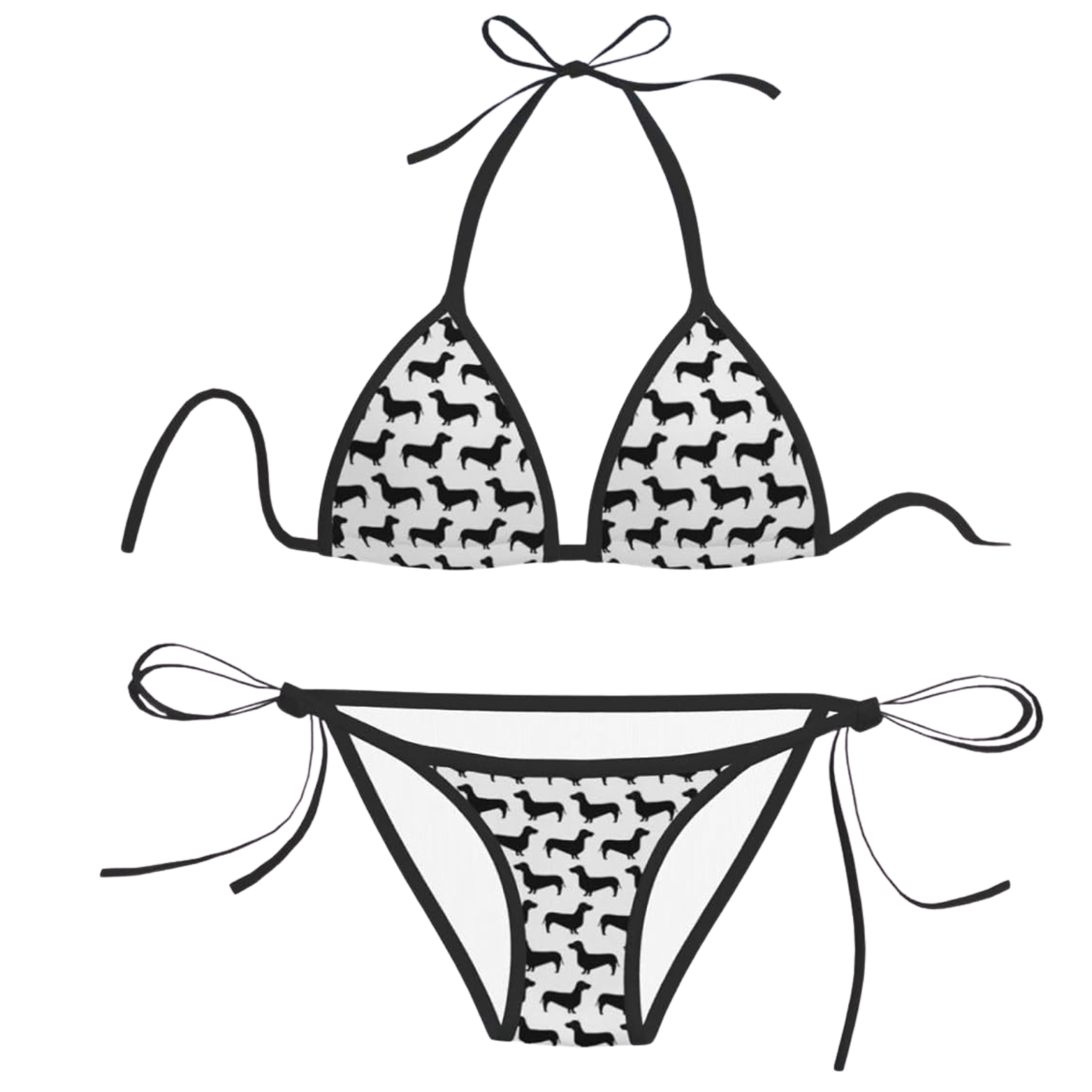 Black and white bikini set with dachshund dog pattern on a white background