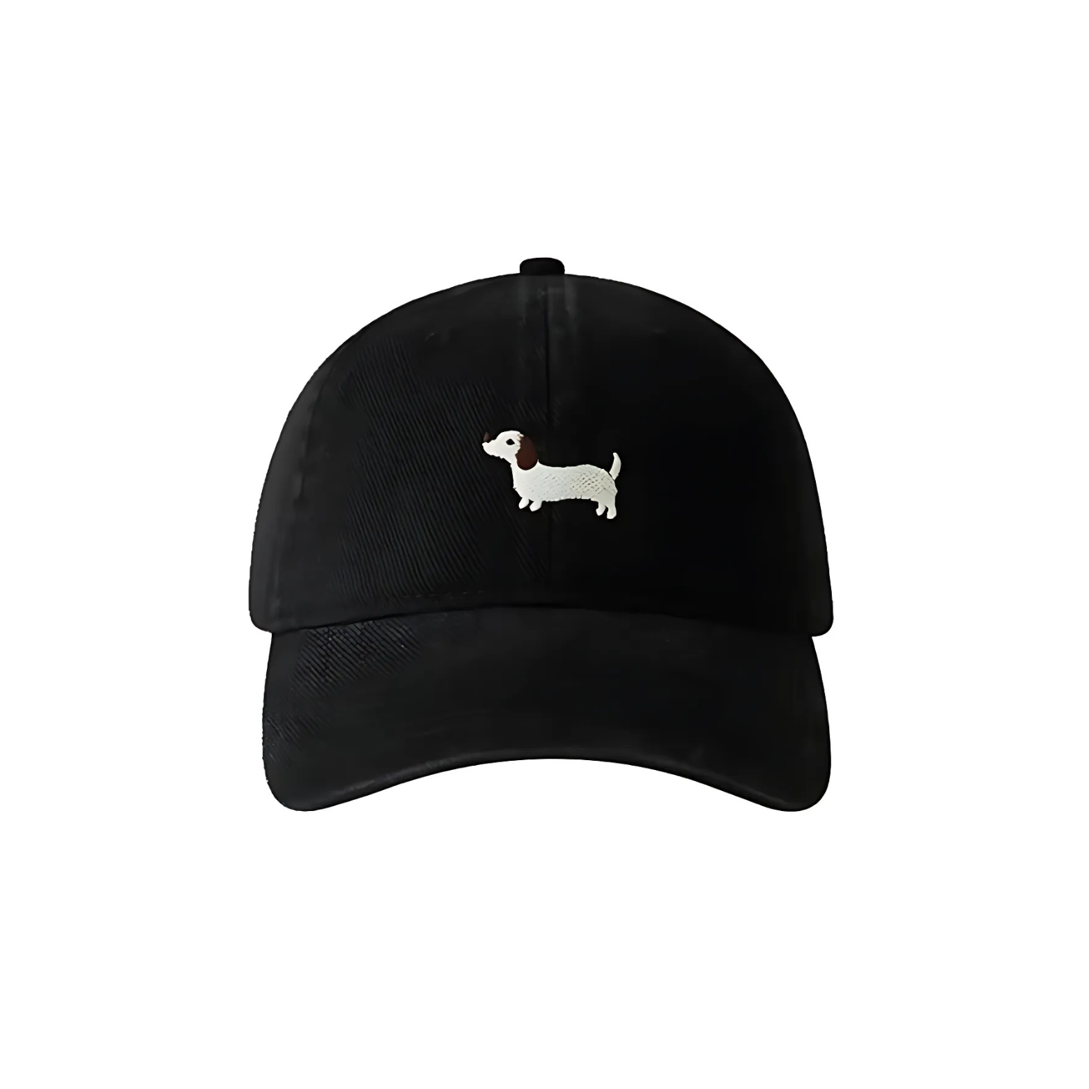 Black cap with a small white dachshund dog illustration on a white background