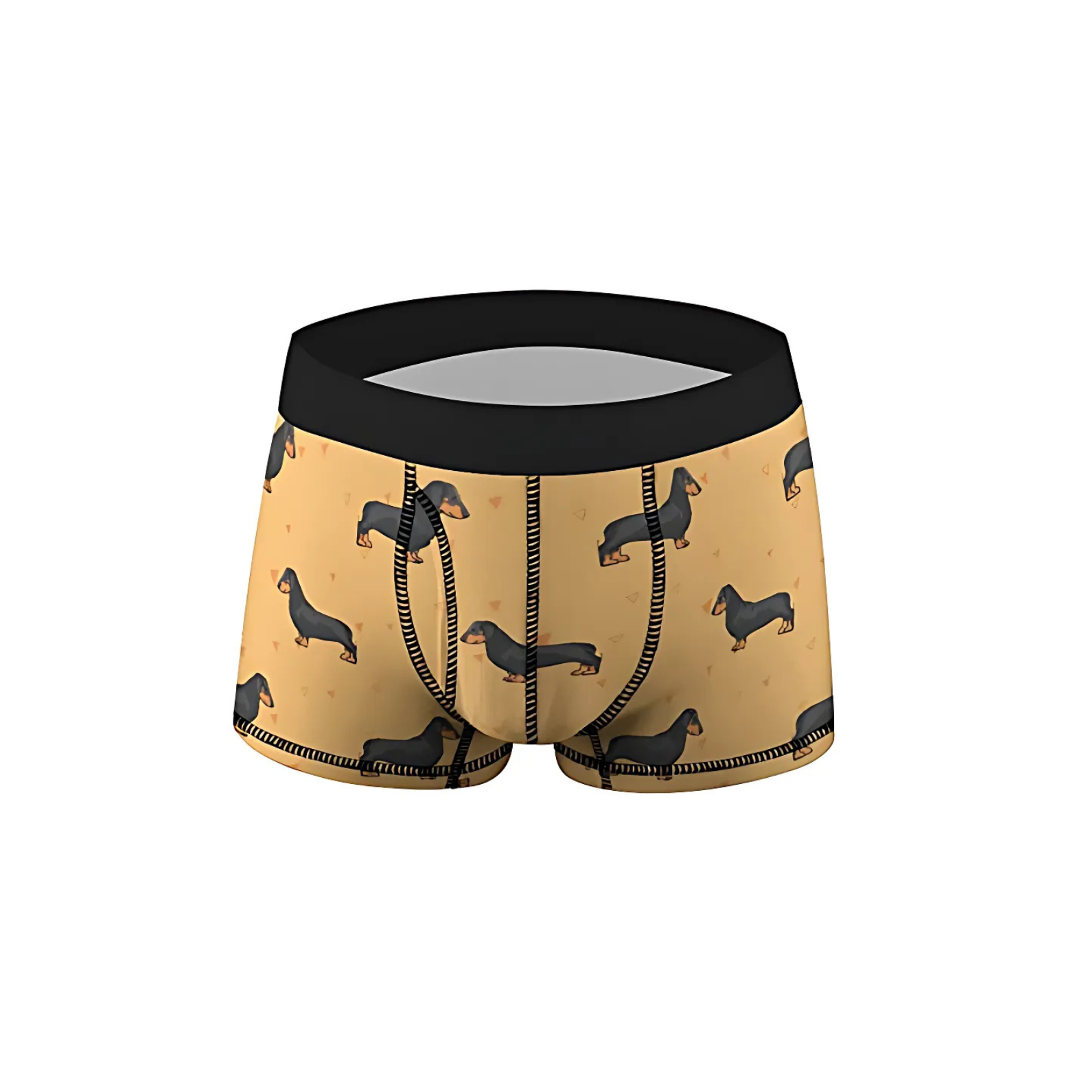 Beige Boxer briefs with dachshund pattern on a white background