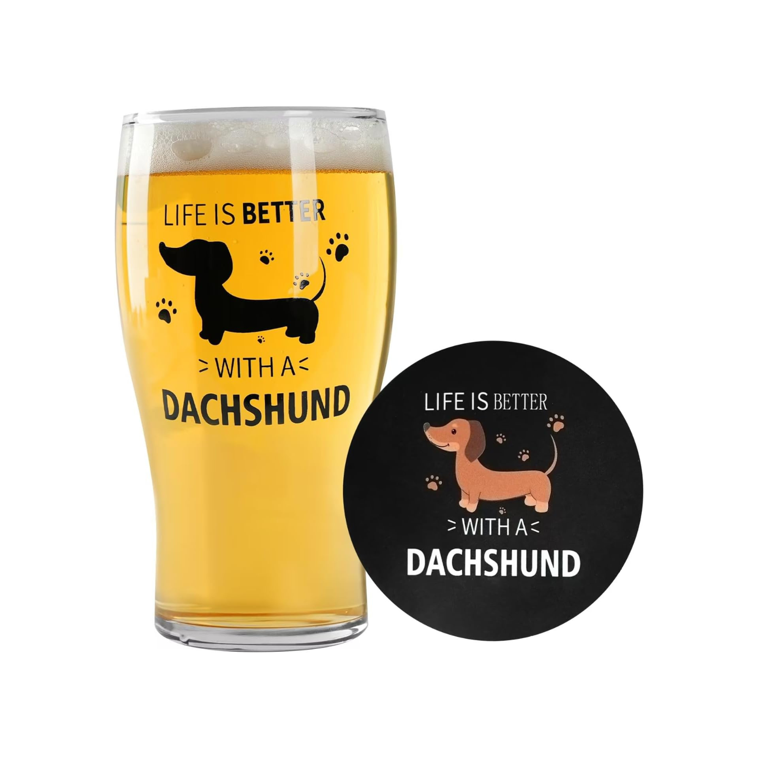 Dachshund Beer Glass & Coaster Set – “Life is Better with a Dachshund”