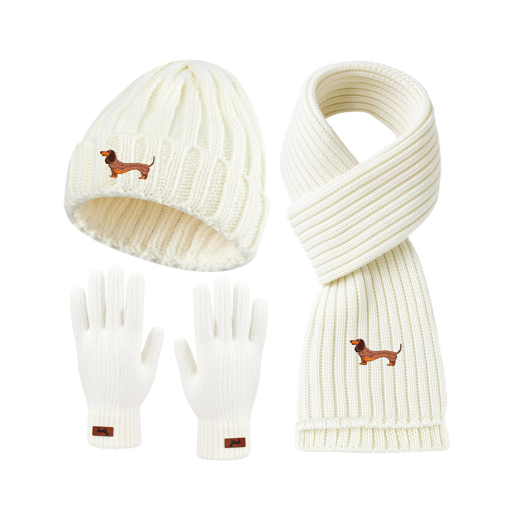 Embroided Dachshund Winter Hat, Gloves & Scarf Set