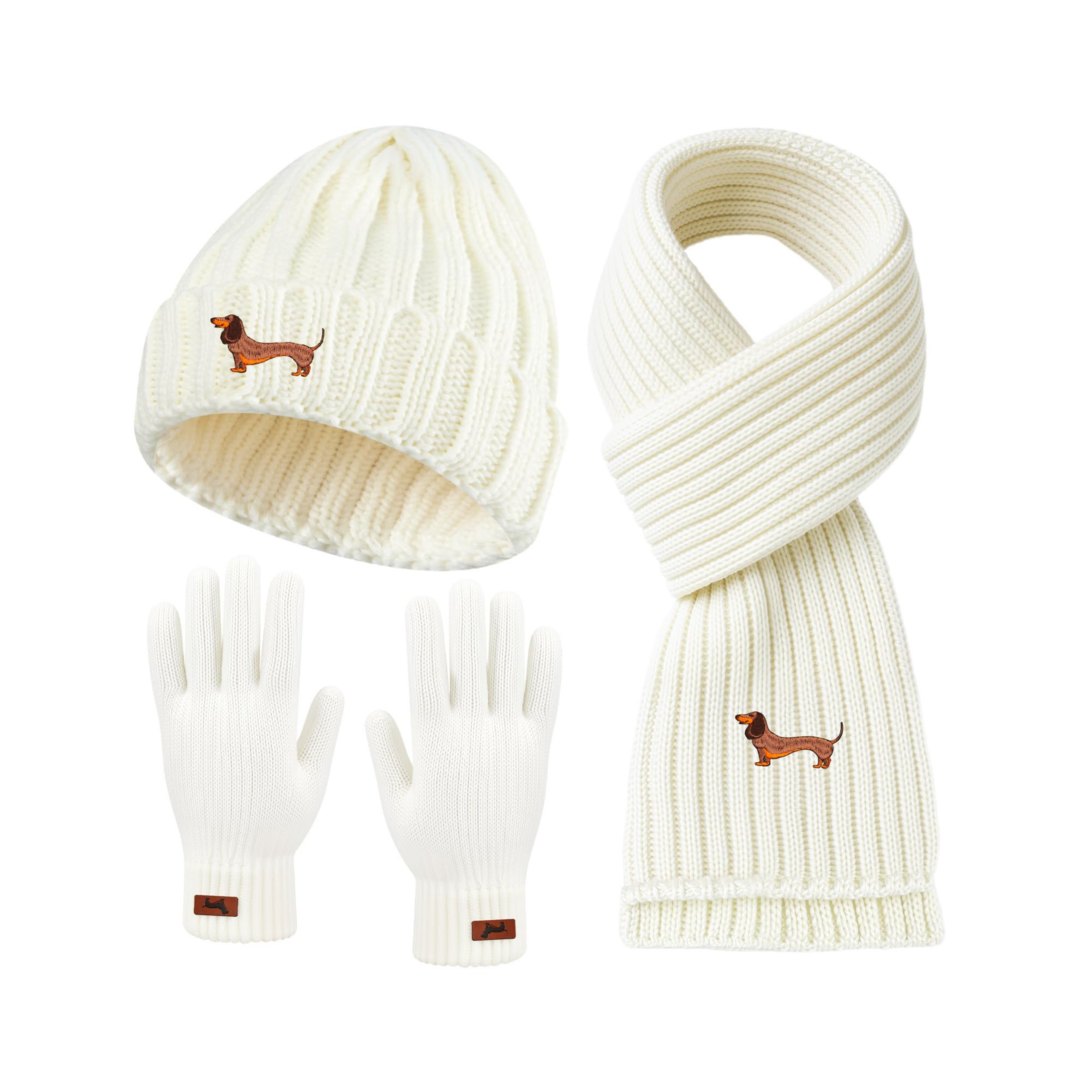 Embroided Dachshund Winter Hat, Gloves & Scarf Set