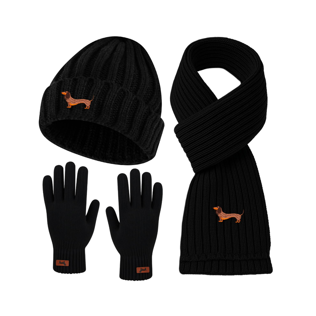Embroided Dachshund Winter Hat, Gloves & Scarf Set