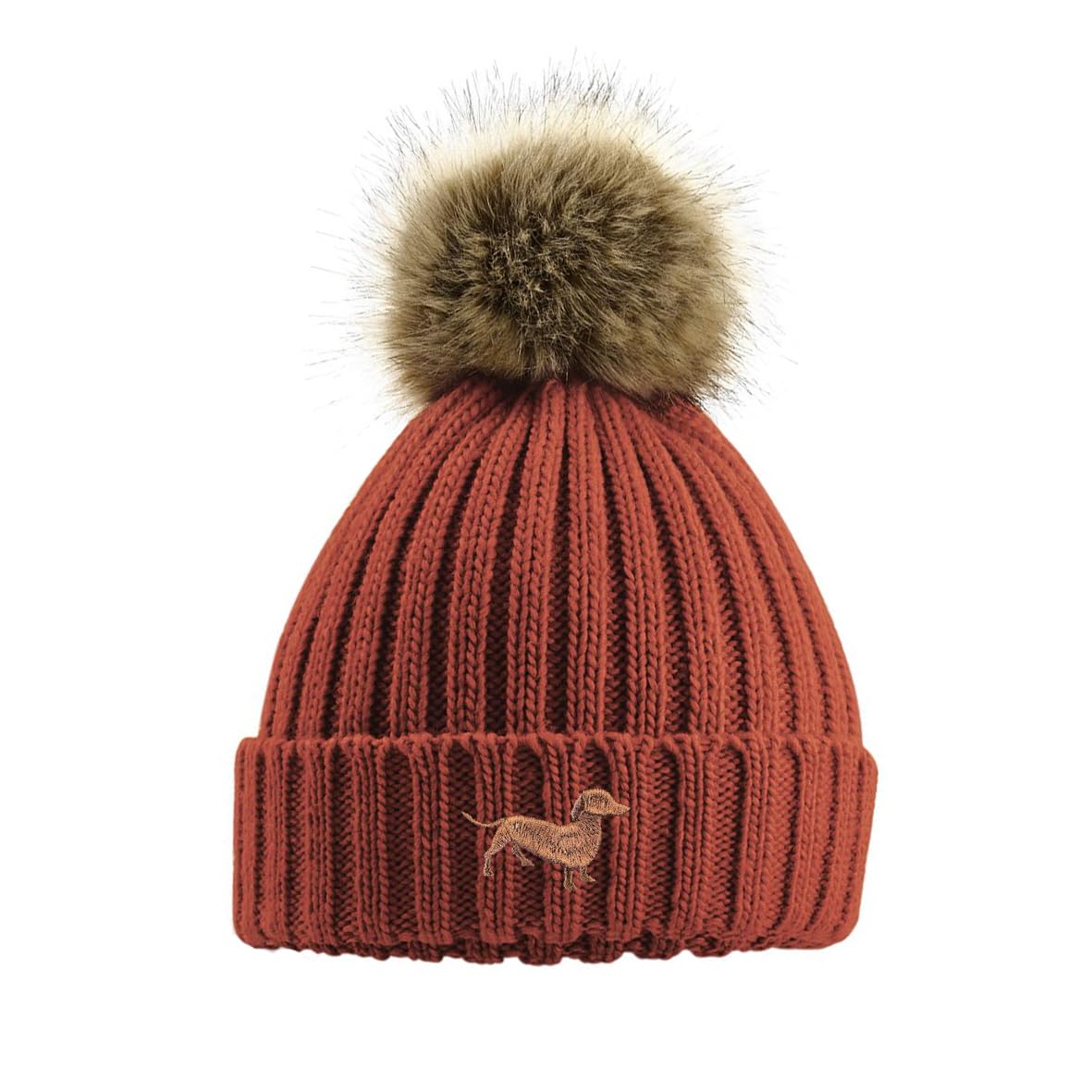 Knitted beanie with fur pom-pom and dachsund logo on a white background