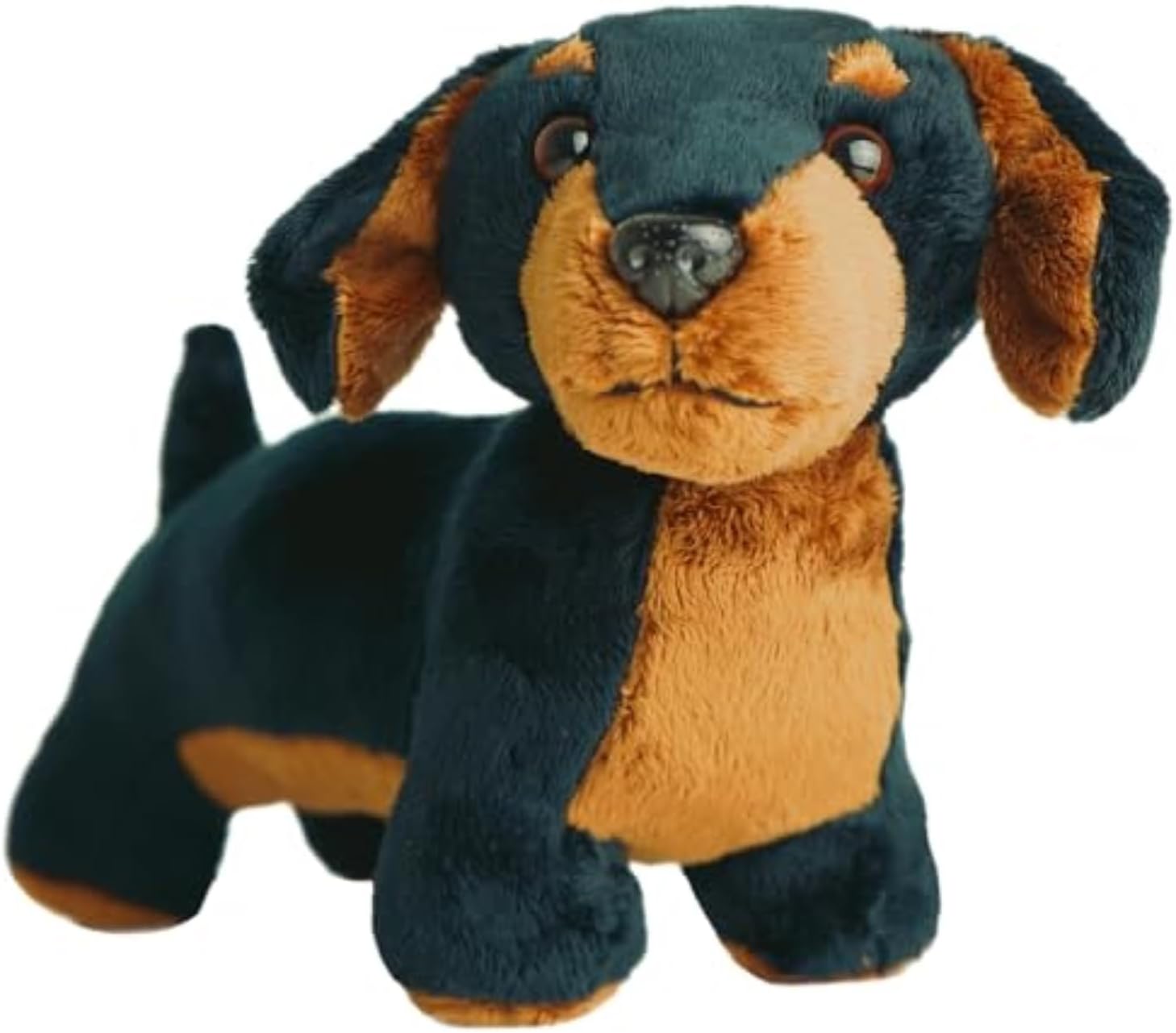 Plush toy resembling a dachshund with black and brown colors on a white background front facing angle