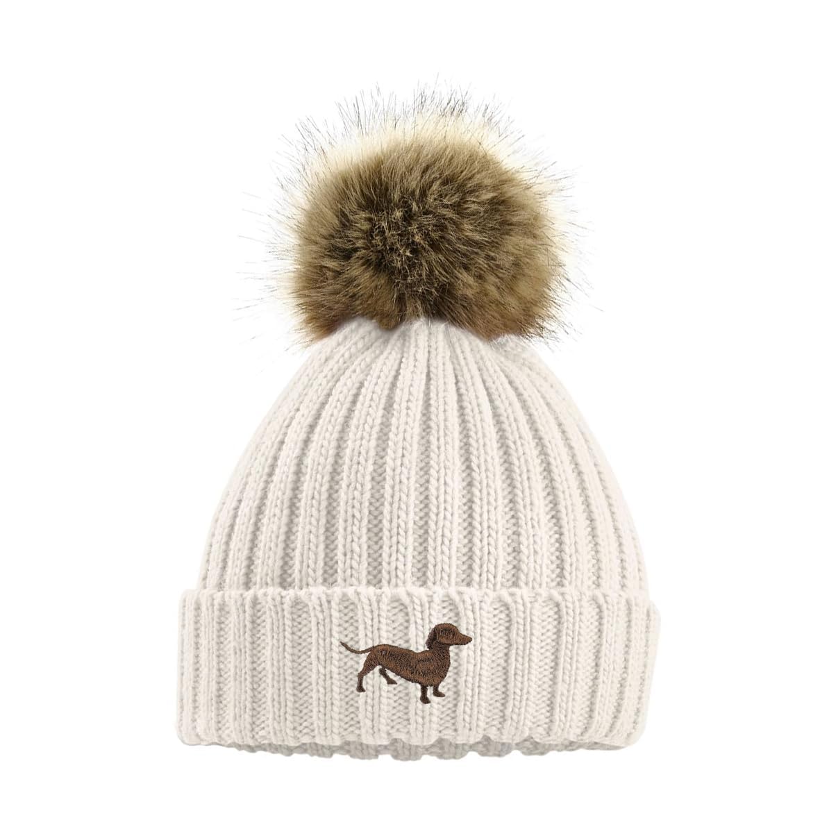 White knit beanie with brown fur pom-pom and dachshund logo on a white background