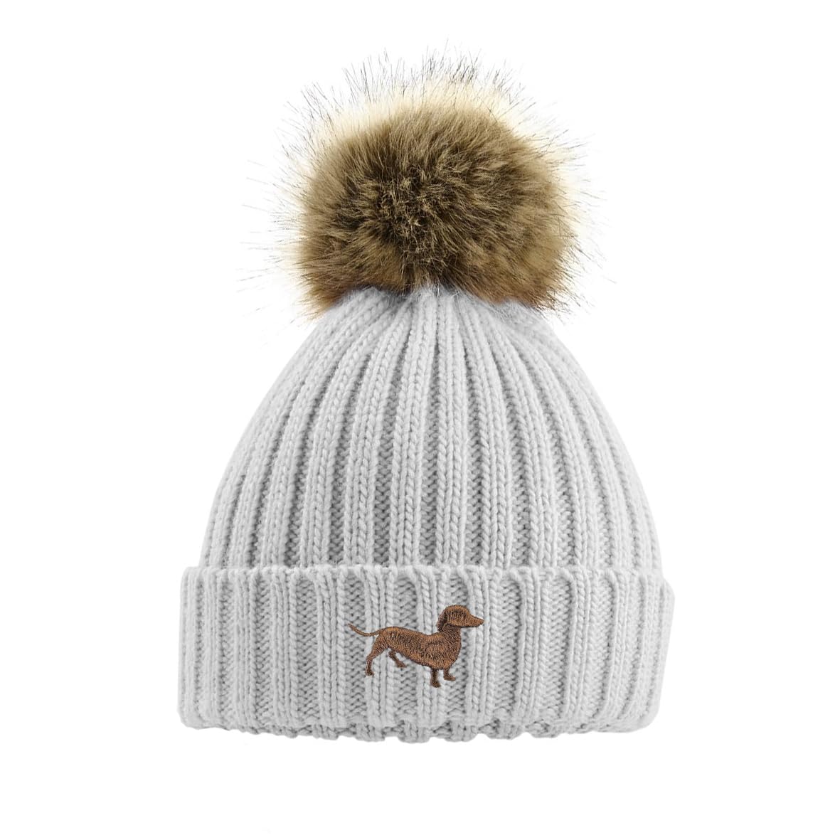 Gray knit beanie with a brown fur pom-pom and dachshund logo on a white background