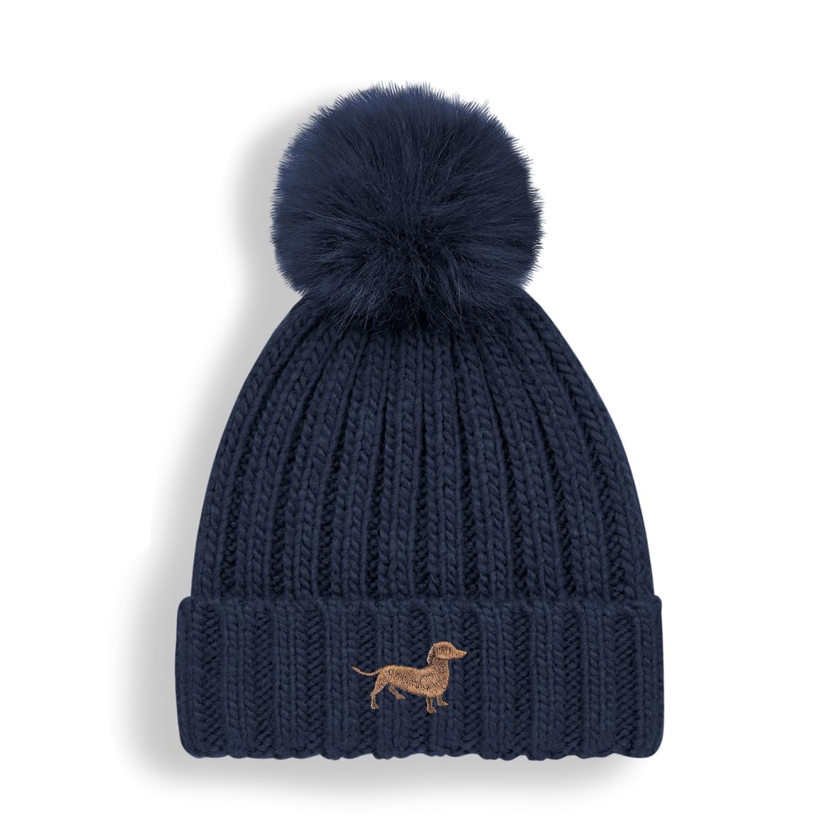 Navy blue knit beanie with pom-pom and dachshund embroidery on a white background