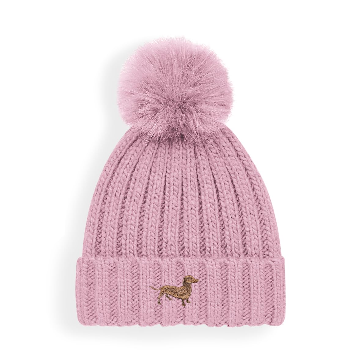 Pink knitted beanie with a pom-pom and dachsund logo on a white background