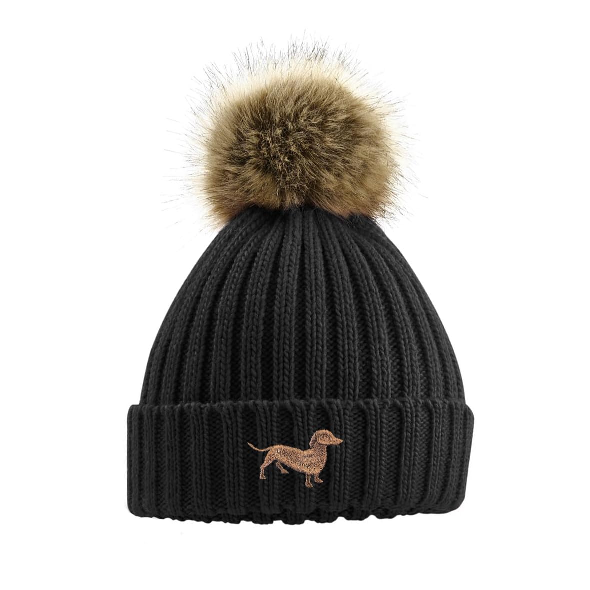 Black knit beanie with brown fur pom-pom and dachshund embroidery on a white background