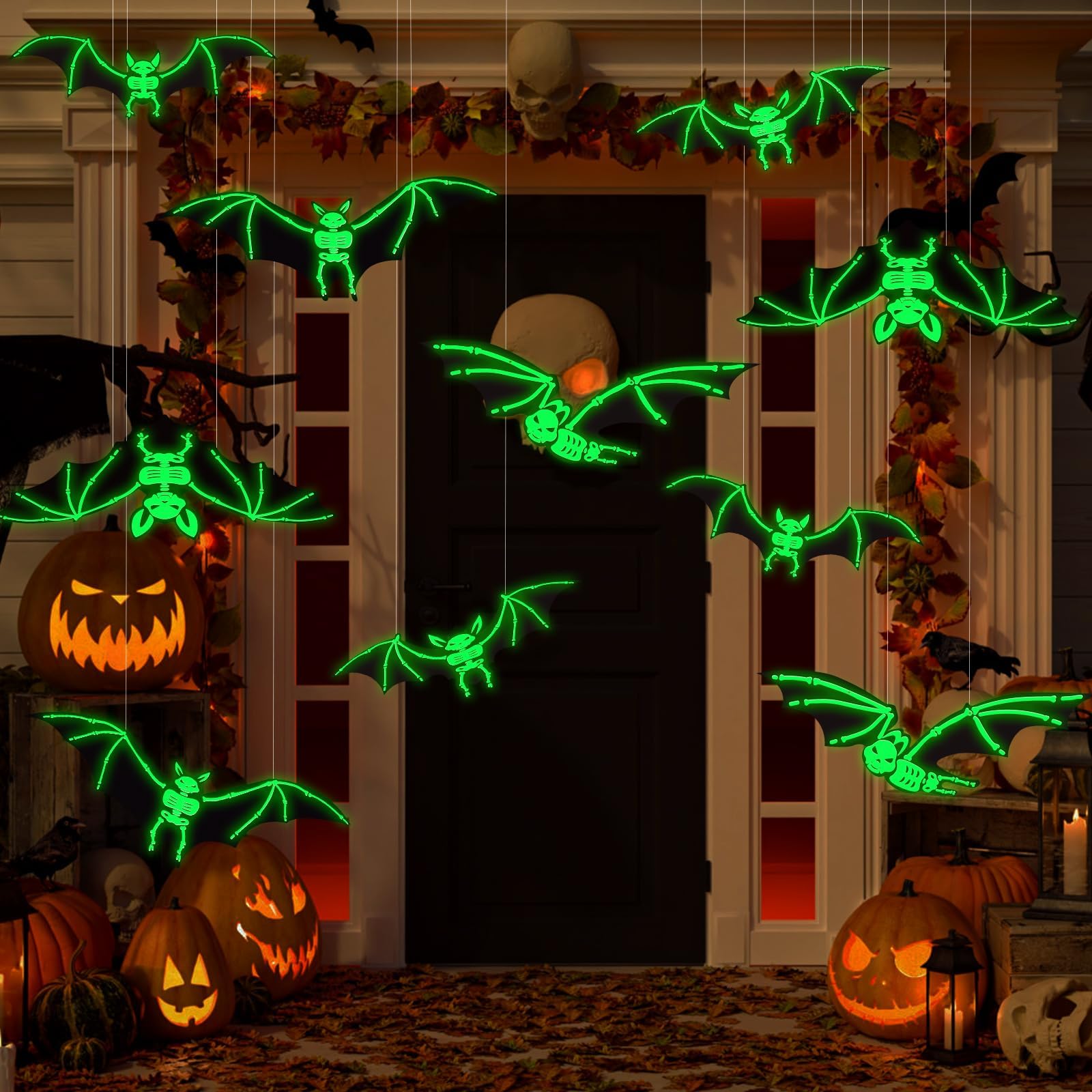 Halloween Hanging Bats – 12-Pack with Glowing Eyes