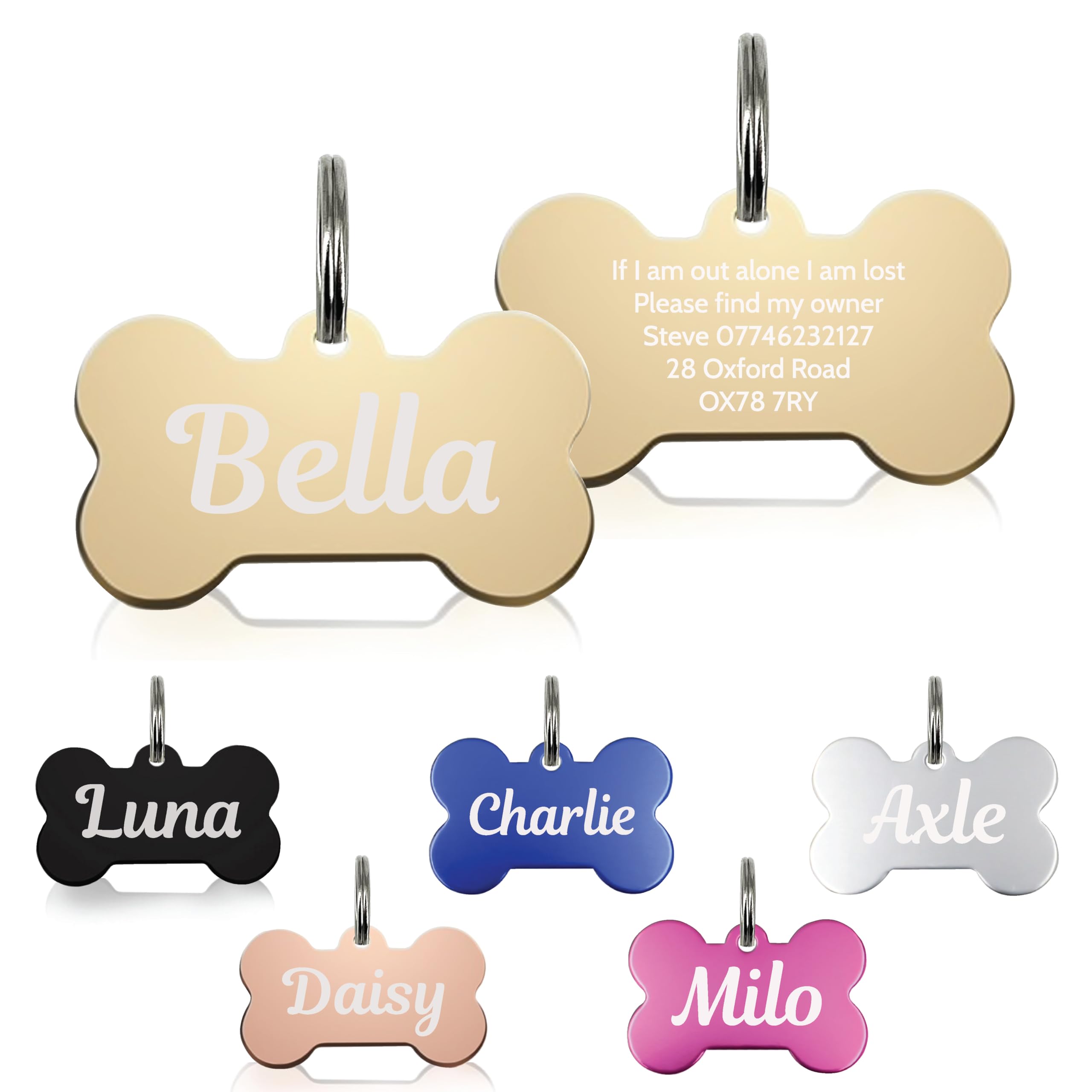 Set of bone-shaped pet tags in various colors with engraved text.
