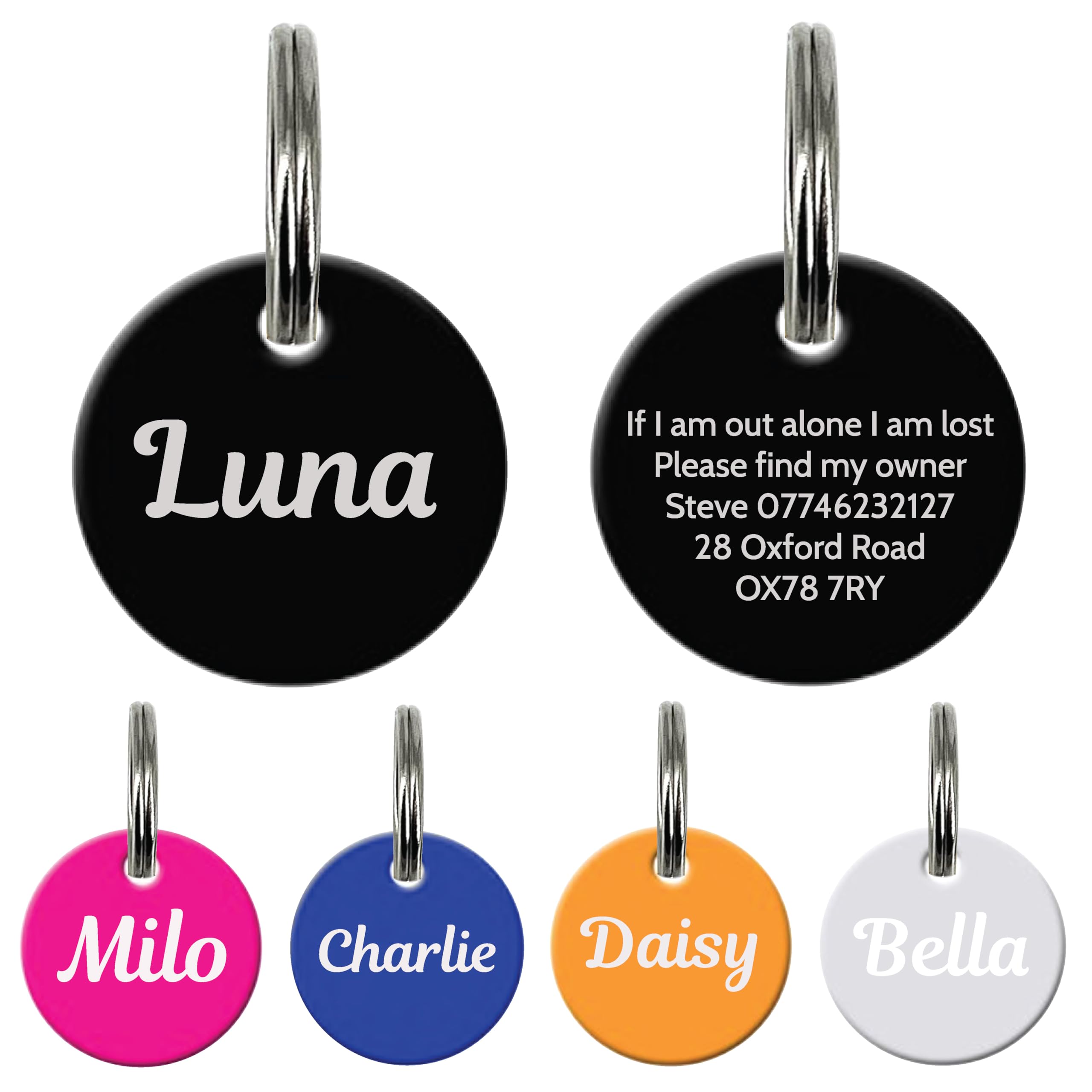 Set of personalized pet tags with names and contact information on a white background