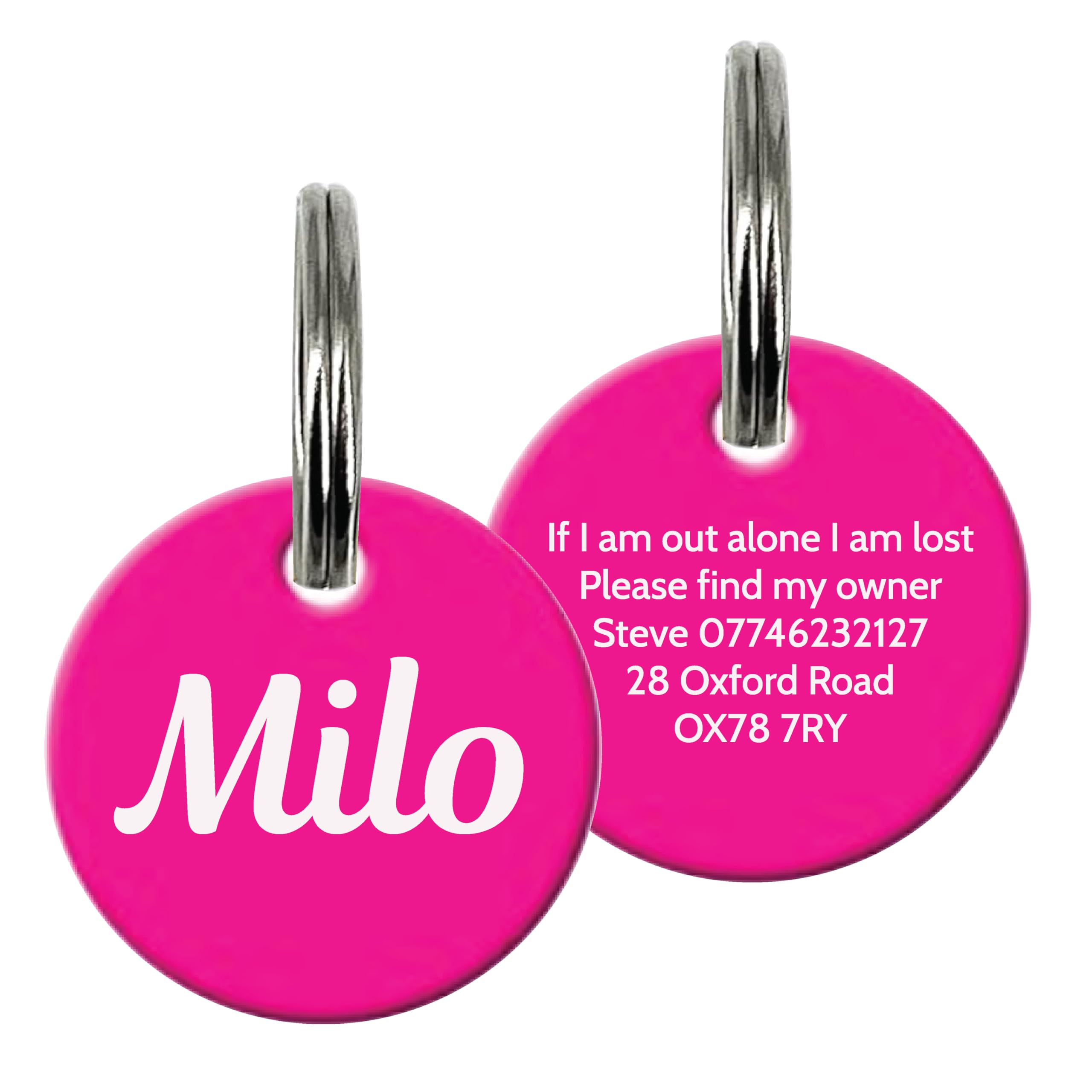 Two pink pet tags with a name and contact information on a white background