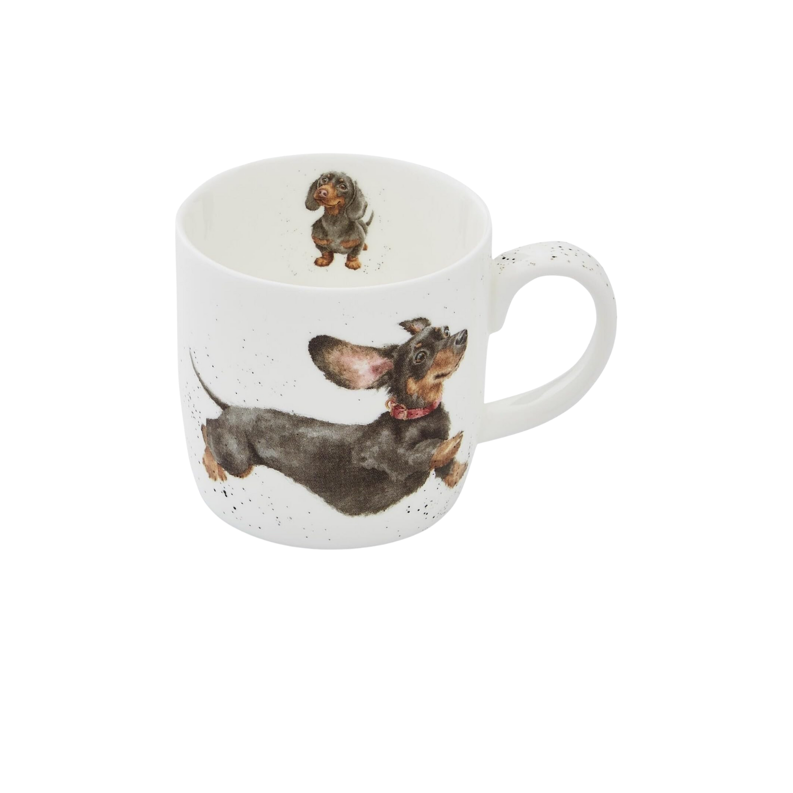 Cartoon Dachshund Running On Ceramic Mug on White Background - front view