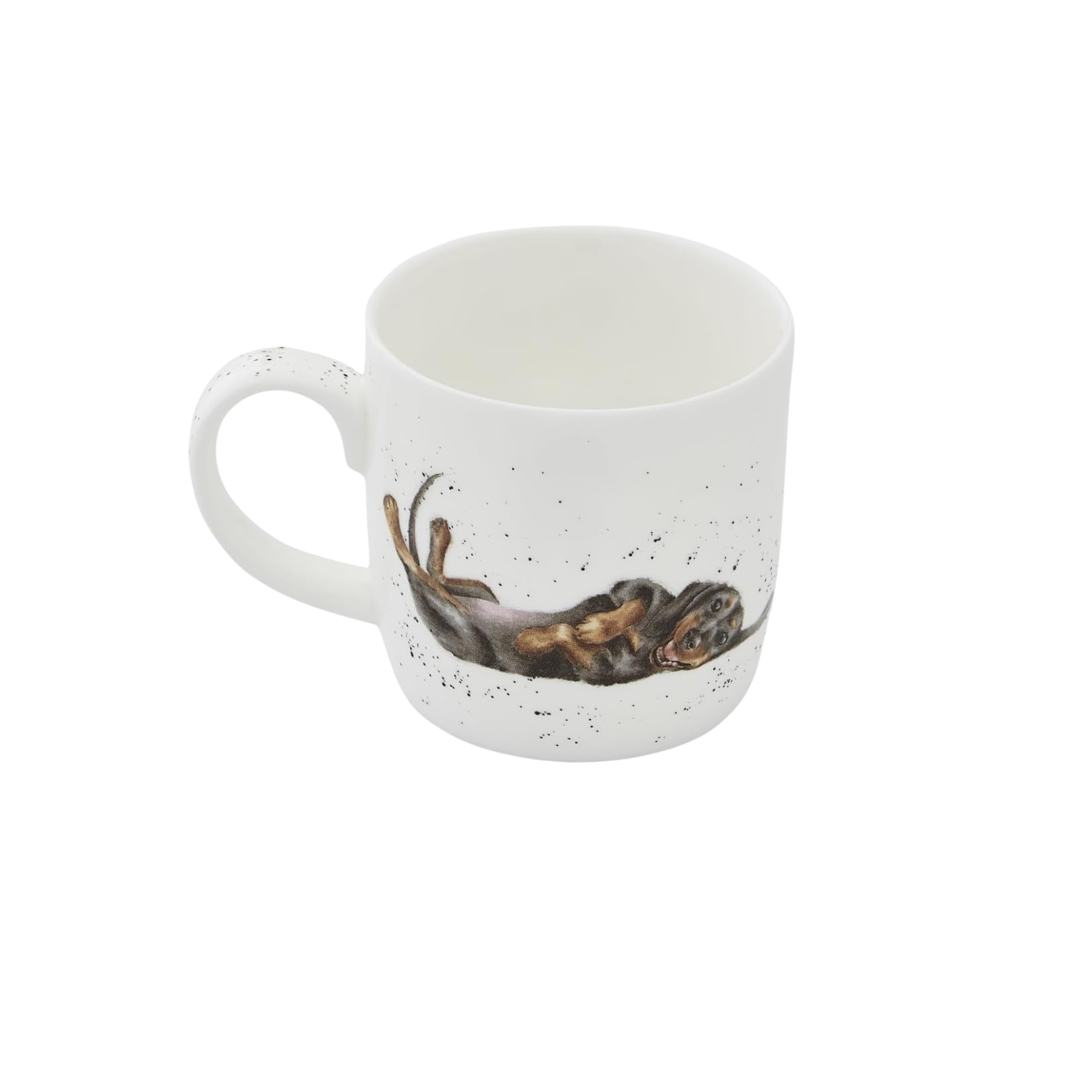 White mug with a printed design of a cartoon dachshund lying down on a white background - front view