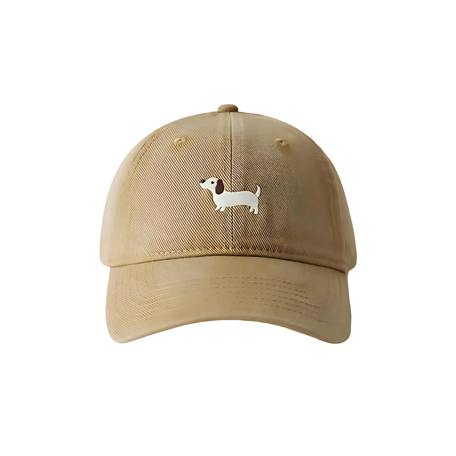 Beige cap with a small dachshund dog illustration on a white background