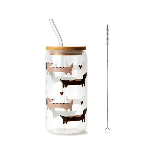 Dachshund Sausage Weiner Dog Glass Bottle with Wooden Lid & Straw 500ml