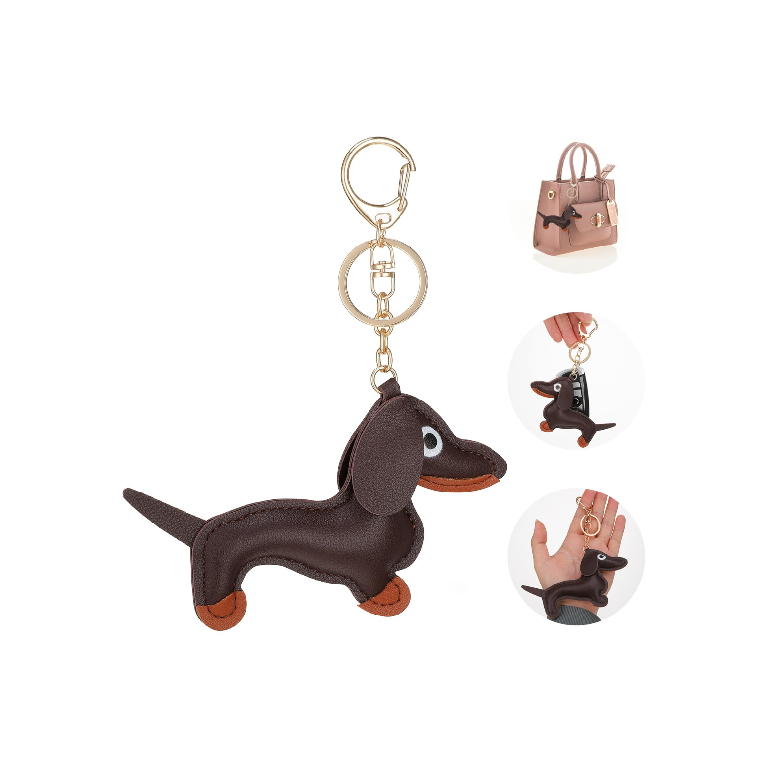 Brown dachshund-shaped keychain on a white background