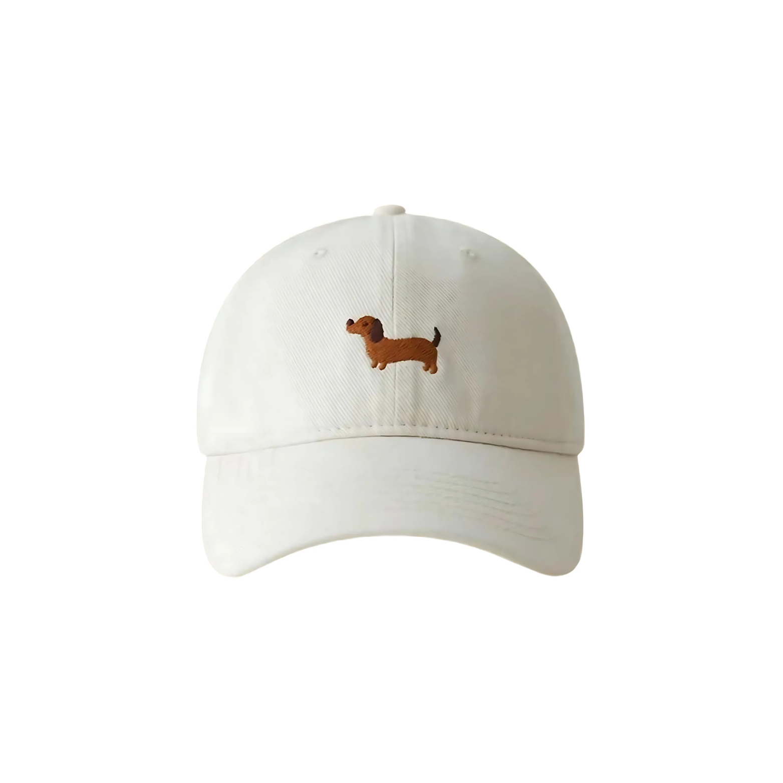White cap with a small embroidered dachshund dog design on a white background