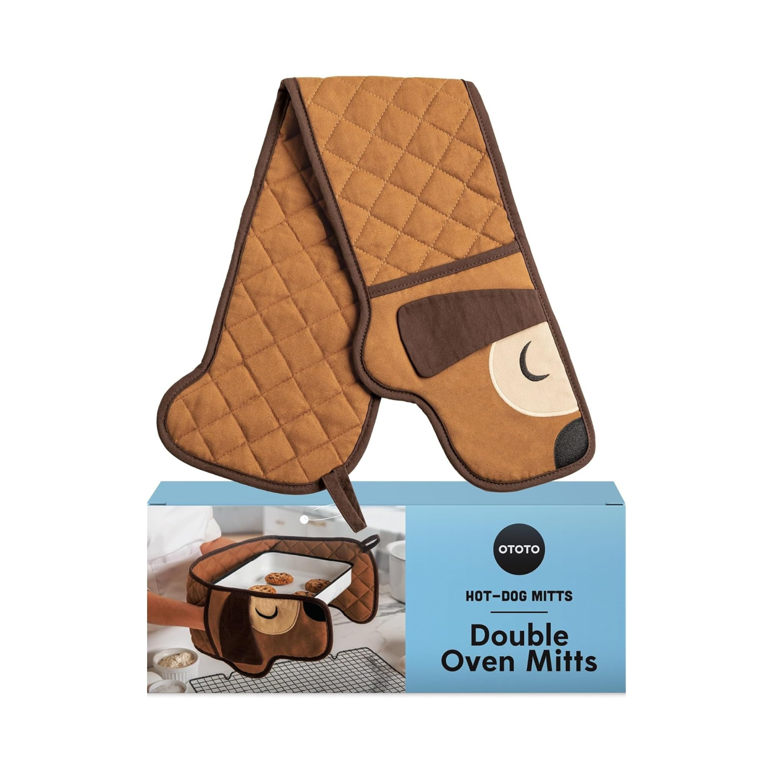 Dachshund-shaped double oven mitts with packaging on a white background