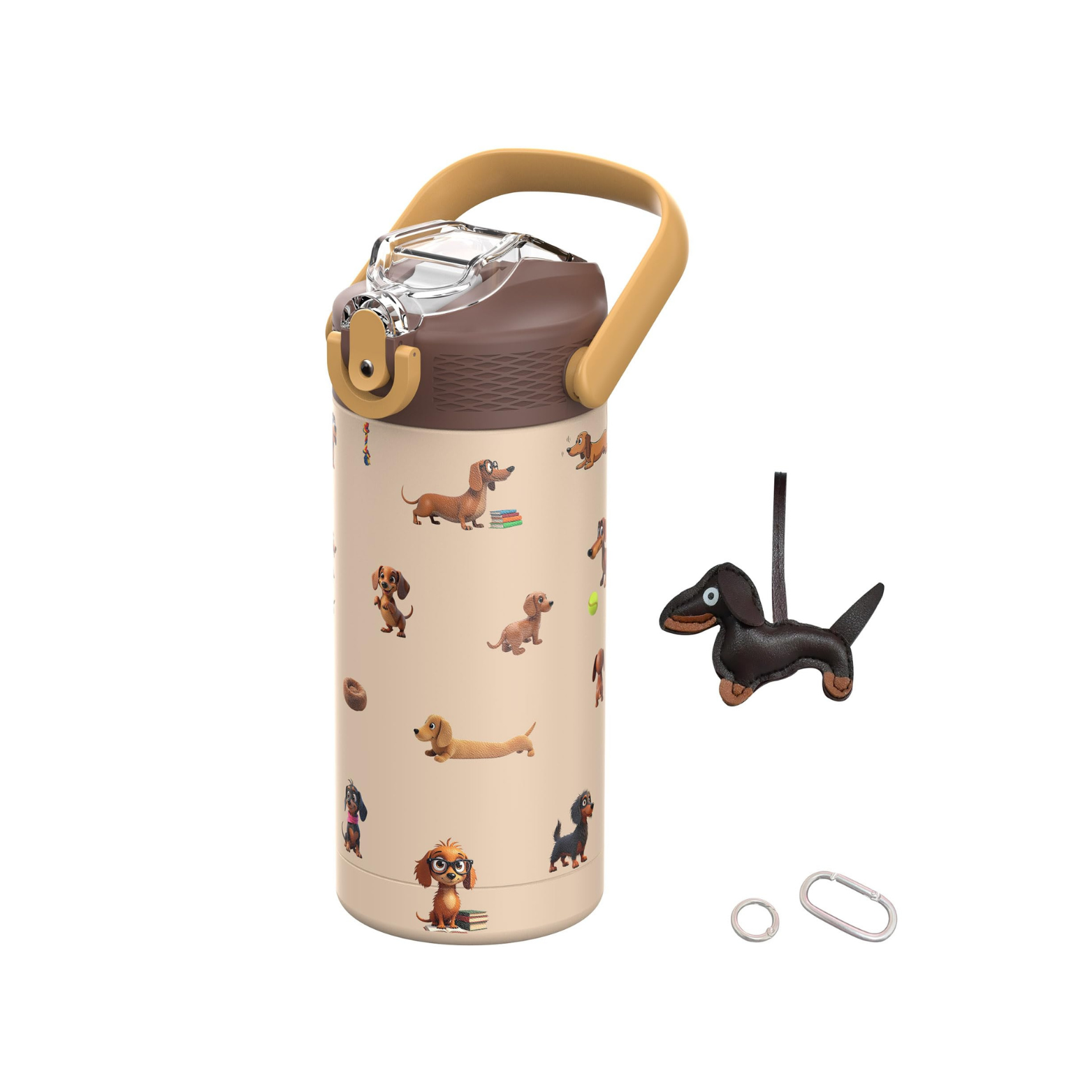 Water bottle with dachshund design and keychain on a white background