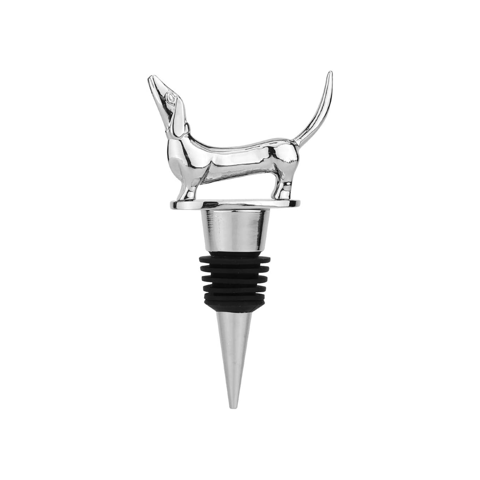 Silver dachshund-shaped bottle stopper on a white background