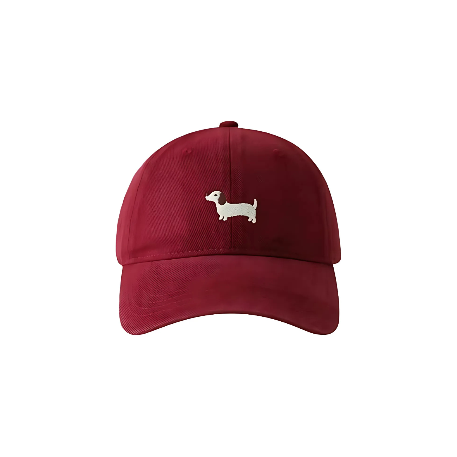 Red cap with a small white dachshund dog illustration on a white background