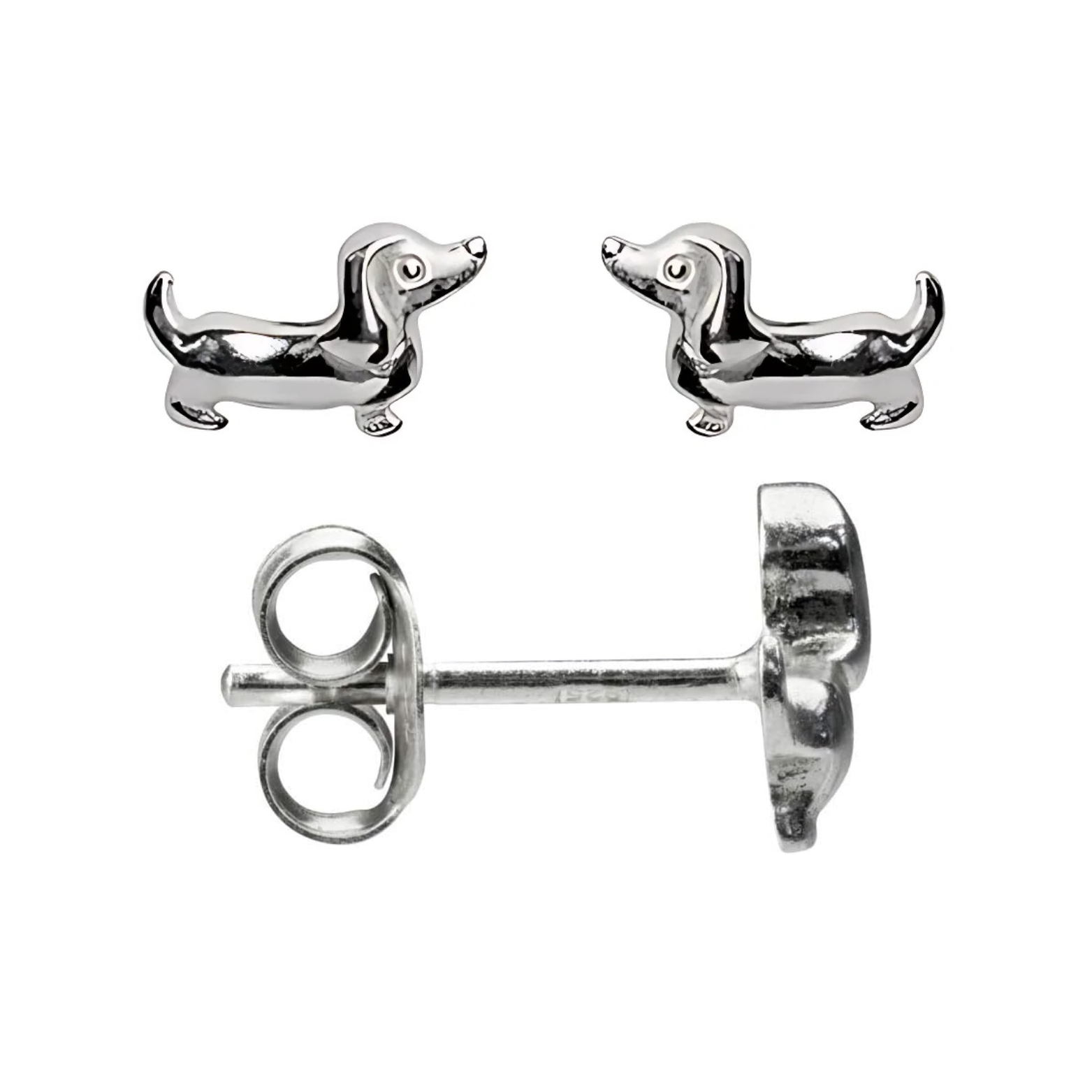 Silver dachshund dog earrings on a white background 1 view from face one and another view from above